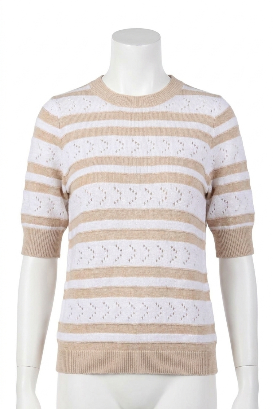 NEW MINNIE ROSE cotton cashmere striped pointelle short sleeve crew top in brown